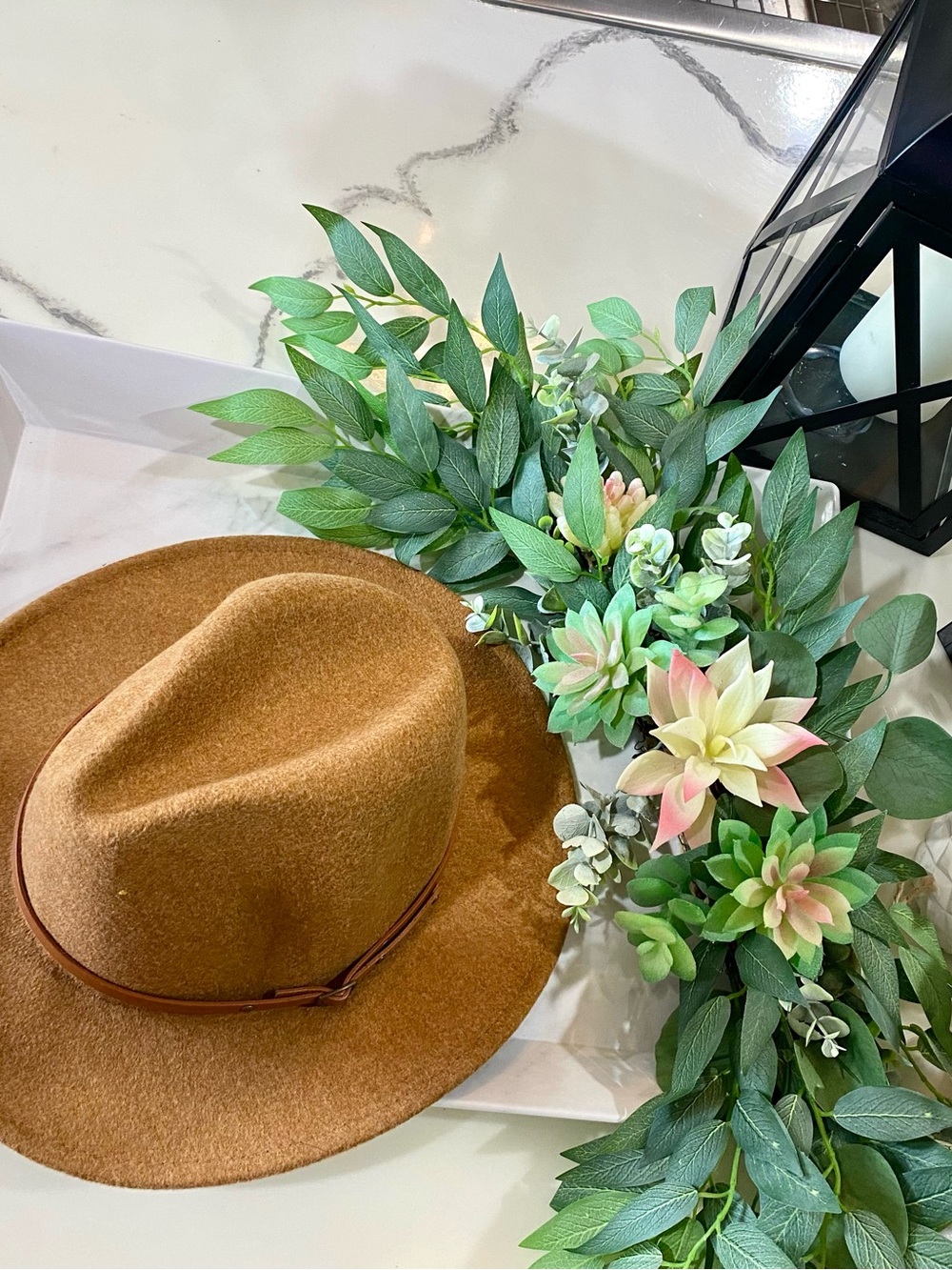 Women's Tan Felt Fedora Hat with Leather Band